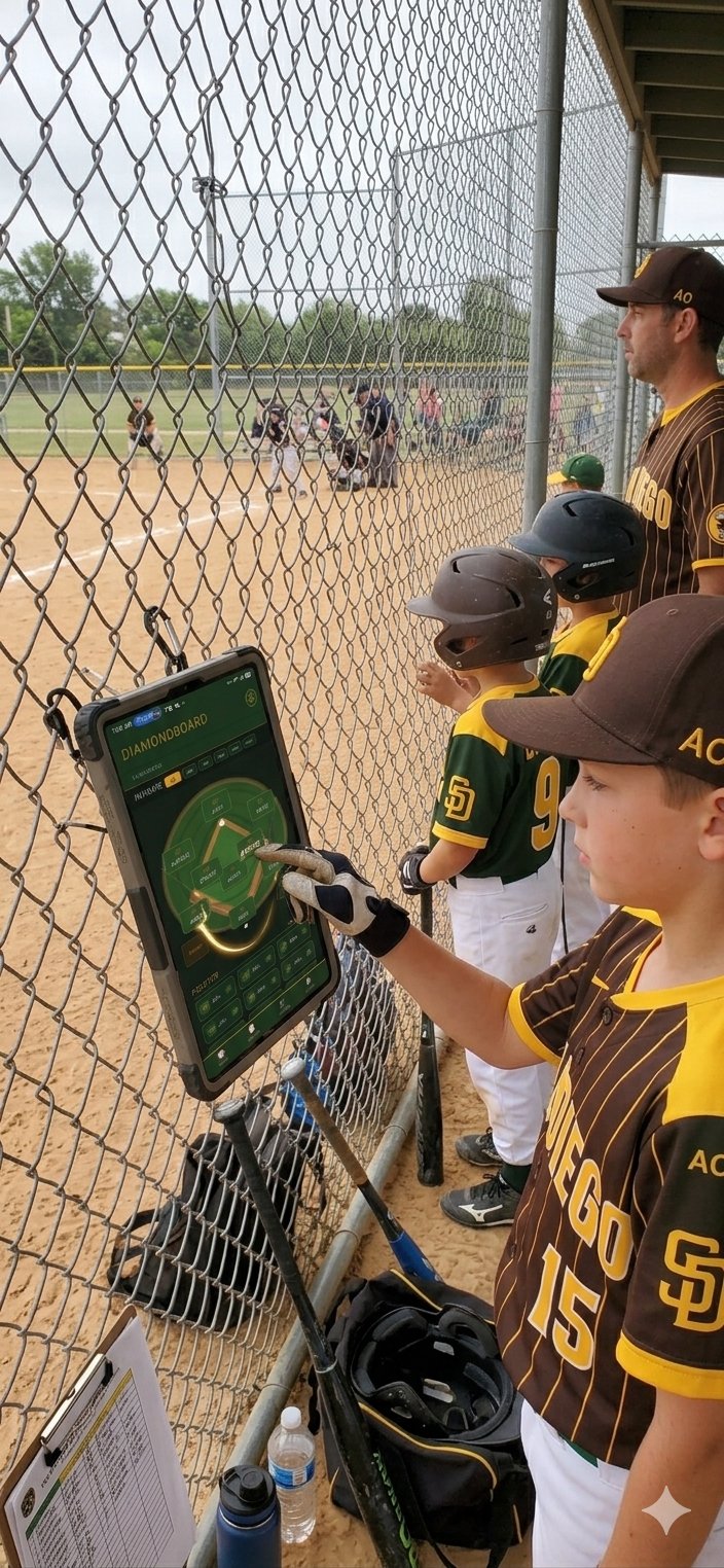 A young player checks the lineup on DiamondBoard during a game
